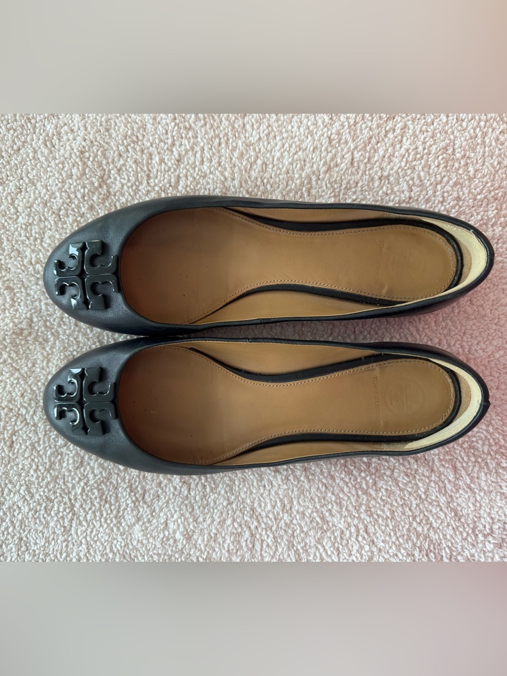 Tory Burch Black Leather Logo Round-Toe Flats